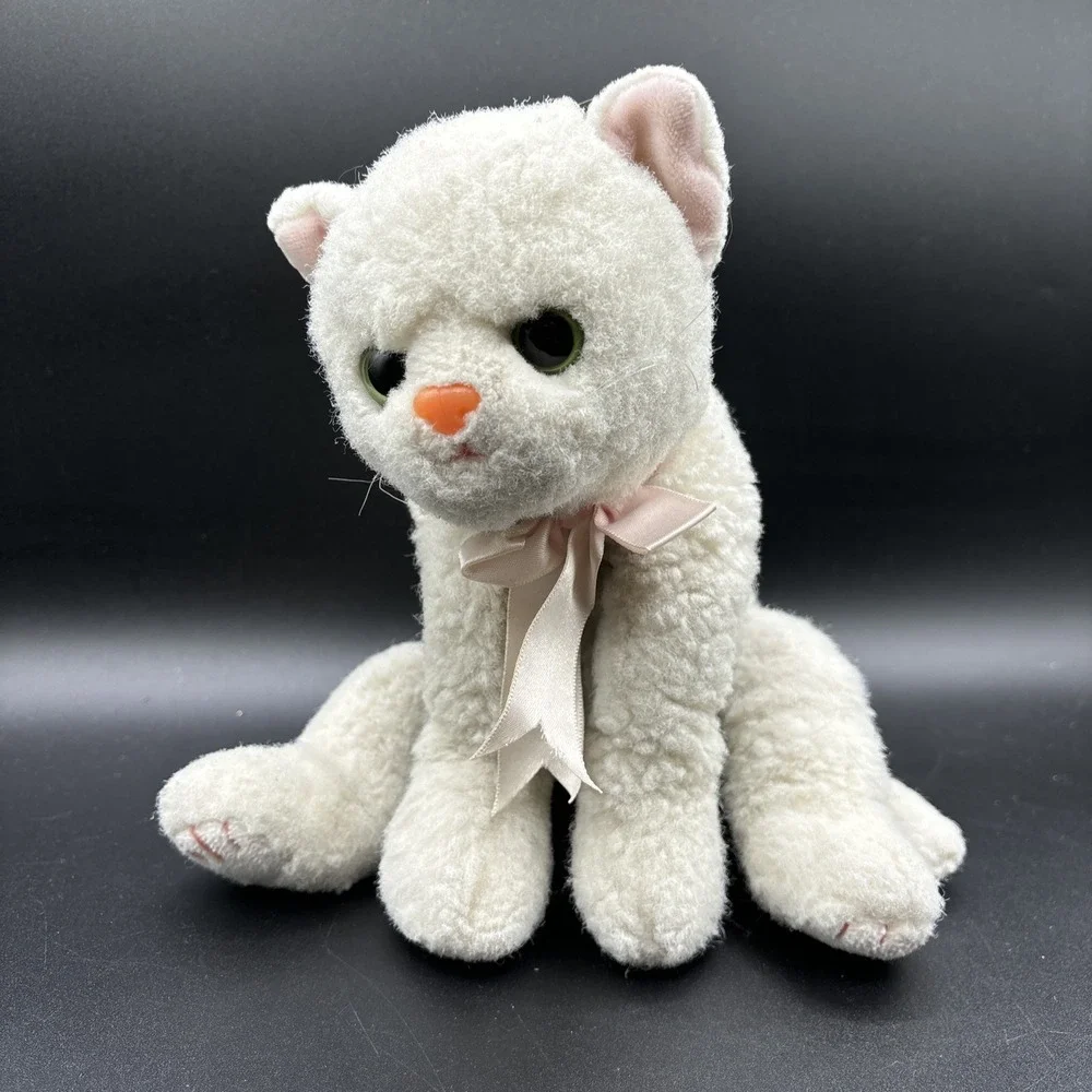 Vintage 1996 Ty Classic Crystal White Cat Plush Green Eyes Pink Bow Large 12